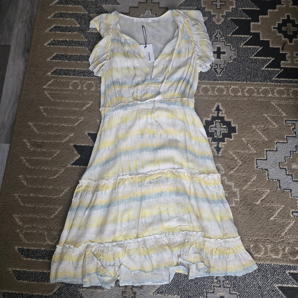 Nwt MELISSA NEPTON Yellow & White Striped Midi Dress | Ruffle Hem Feminine - Picture 2 of 7